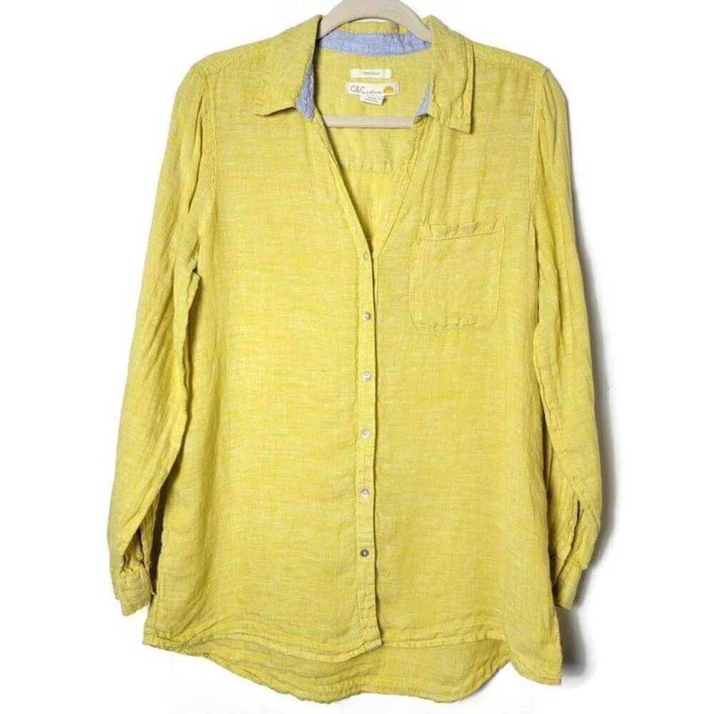 C&C California Yellow Green Linen Beachy Long Sleeve Roll Tab Button Up Shirt M